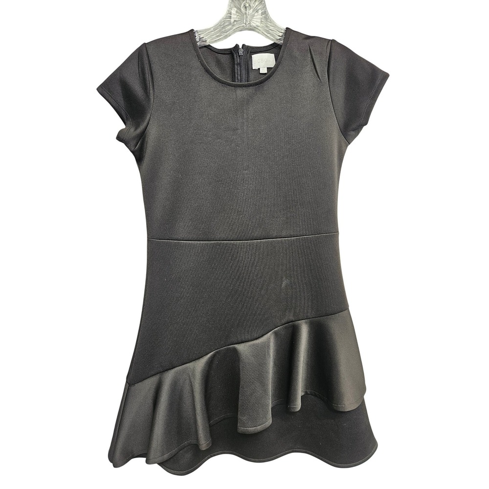 BCBGIRLS Kids Black Asymmetrical Ruffle Fit & Flare Dress Size 14 Short Sleeve